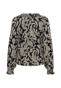 Svart långärmad blus med ett krämfärgat paisleymönster, samlad halsringning och elastiska manschetter. Mjuk tyg med en texturerad yta.