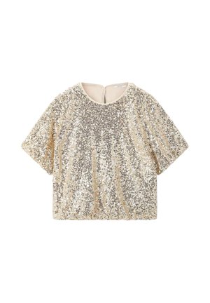 Goudkleurige crop top met korte mouwen, pailletten, een ronde halslijn en een sleutelgatluiting aan de achterkant op een witte achtergrond.