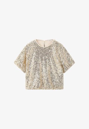 Goudkleurige crop top met korte mouwen, pailletten, een ronde halslijn en een sleutelgatluiting aan de achterkant op een witte achtergrond.