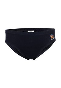 Culotte in cotone blu navy con elastico in vita, caratterizzata da un piccolo design a fumetti ricamato di lato. Texture liscia, forma classica delle culotte.