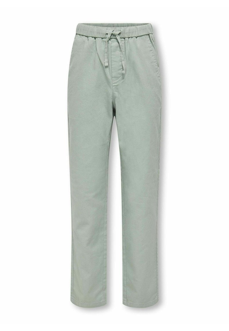 Hellgrüne, bequem zu tragende Hosen mit elastischem Bund und Kordelzug. Aus weichem Stoff, geradliniges Design, minimale Nähdetails.