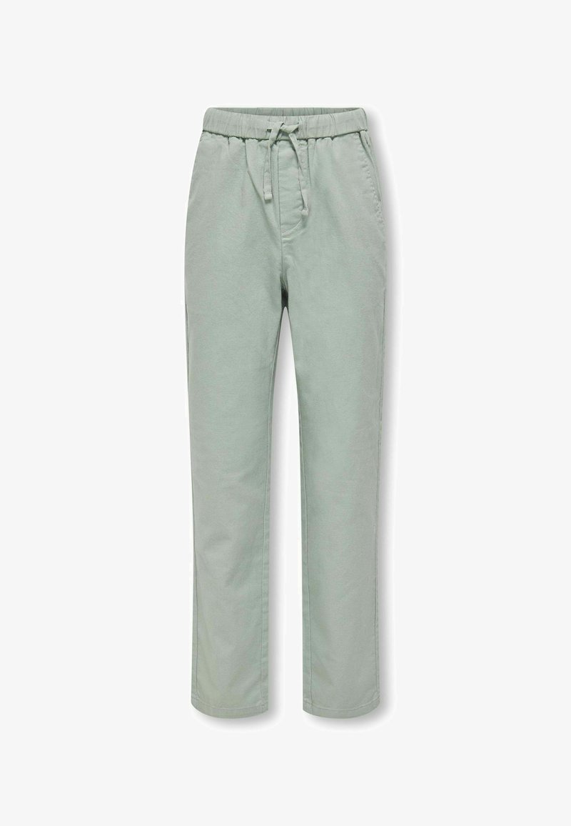 Light green, pull-on pants with an elastic waistband and drawstring. Made of soft fabric, straight-legged design, minimal stitching details.