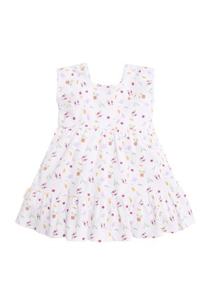 Vestido blanco para bebé con mangas cortas y dobladillo con volantes, decorado con pequeños estampados coloridos de verduras y flores.