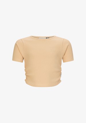 Top a maniche corte a coste in morbido pesca. Design aderente con leggere arricciature ai lati e un piccolo logo ricamato sul petto.