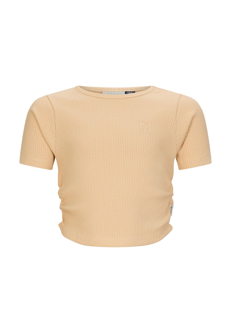 Top a maniche corte a coste in morbido pesca. Design aderente con leggere arricciature ai lati e un piccolo logo ricamato sul petto.
