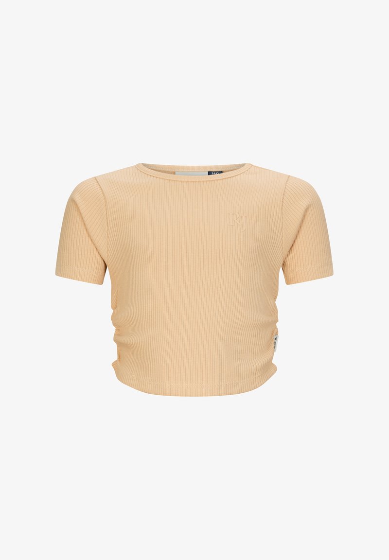 Top a maniche corte a coste in morbido pesca. Design aderente con leggere arricciature ai lati e un piccolo logo ricamato sul petto.