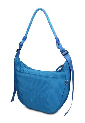 Borsa a tracolla blu con tracolla regolabile in tessuto intrecciato, chiusura con zip, tasca frontale e logo "GMV" discreto sul tessuto.
