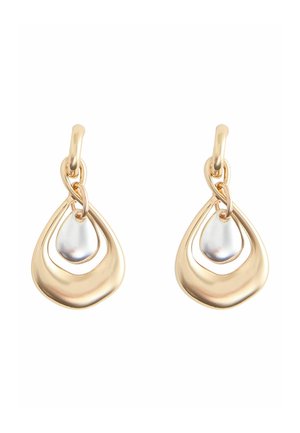 Gold-tone drop earrings featuring a teardrop shape with a smooth surface and a central, smaller, oval pearl accent.