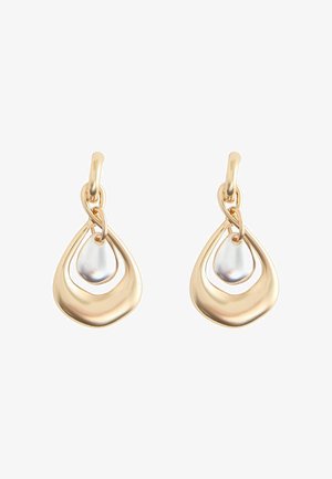 Gold-tone drop earrings featuring a teardrop shape with a smooth surface and a central, smaller, oval pearl accent.