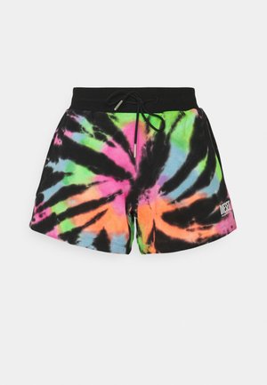 Krótkie spodenki tie-dye z czarnym pasem i sznurkiem, z jaskrawym wzorem spiralnym w kolorach zielonym, różowym, pomarańczowym, niebieskim i czarnym oraz małym logo Diesel.