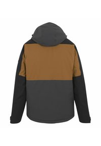 Chaqueta con capucha para hombre con mangas negras y parte inferior negra, parte superior trasera y hombros marrones, mostrada desde atrás sobre un fondo blanco.