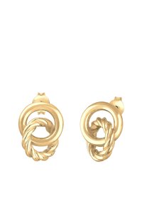 Gold-tone earrings featuring interlocking circular and twisted rope designs. Smooth surface with a polished finish and secure post-back closure.