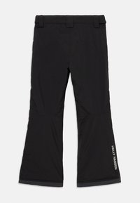 Svarta isolerade snöbyxor med vida ben, bältesöglor och "Helly Hansen"-logotyp nära nederkanten på höger ben.