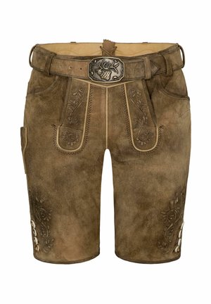 Braune Lederhorts mit dekorativer Stickerei und Metallknöpfen, ausgestattet mit einem breiten Bündchen und einer Vordertasche. Mit strukturiertem Wildleder-Finish.