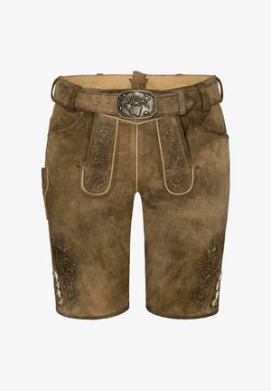 Braune Lederhorts mit dekorativer Stickerei und Metallknöpfen, ausgestattet mit einem breiten Bündchen und einer Vordertasche. Mit strukturiertem Wildleder-Finish.