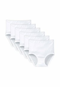 Mutande bianche in cotone, design a vita alta, texture liscia, confezione da cinque, senza motivi né accenti, stile semplice e minimalista.