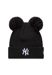 Bonnet en tricot noir avec deux pompons noirs en haut, orné d'un logo NY brodé en blanc sur le revers. Texture douce et coupe ajustée.