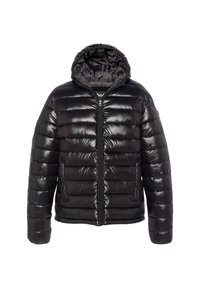 Giacca a piumino nera con finitura lucida, cappuccio, zip frontale e polsini a coste. Presenta sezioni a righe verticali e tasche laterali.