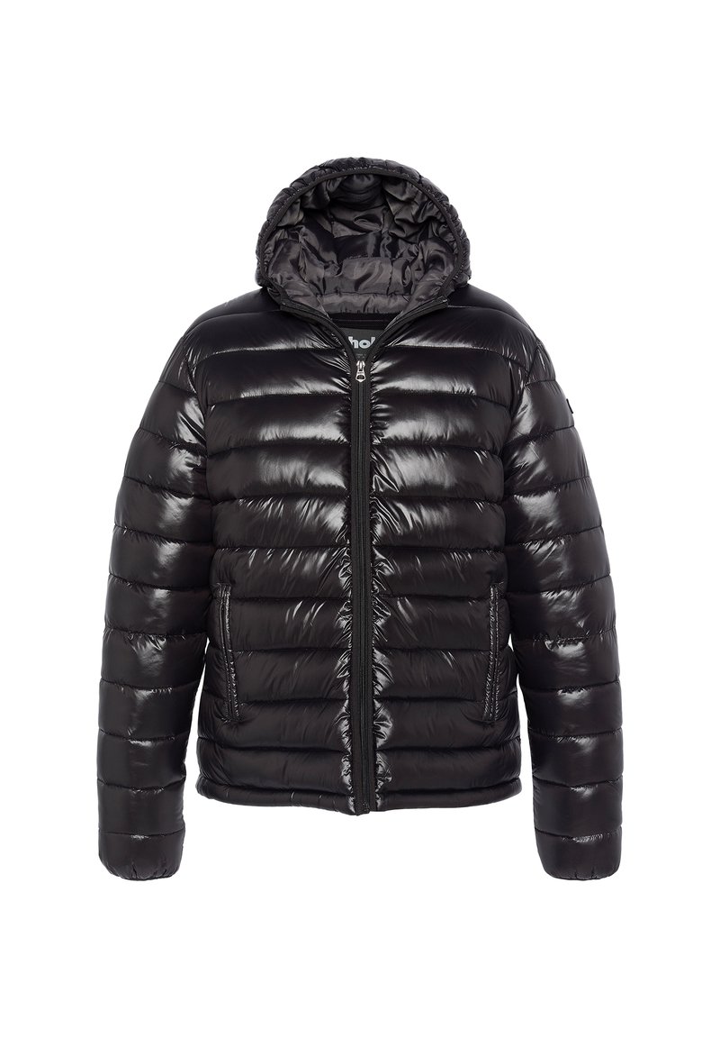Giacca a piumino nera con finitura lucida, cappuccio, zip frontale e polsini a coste. Presenta sezioni a righe verticali e tasche laterali.