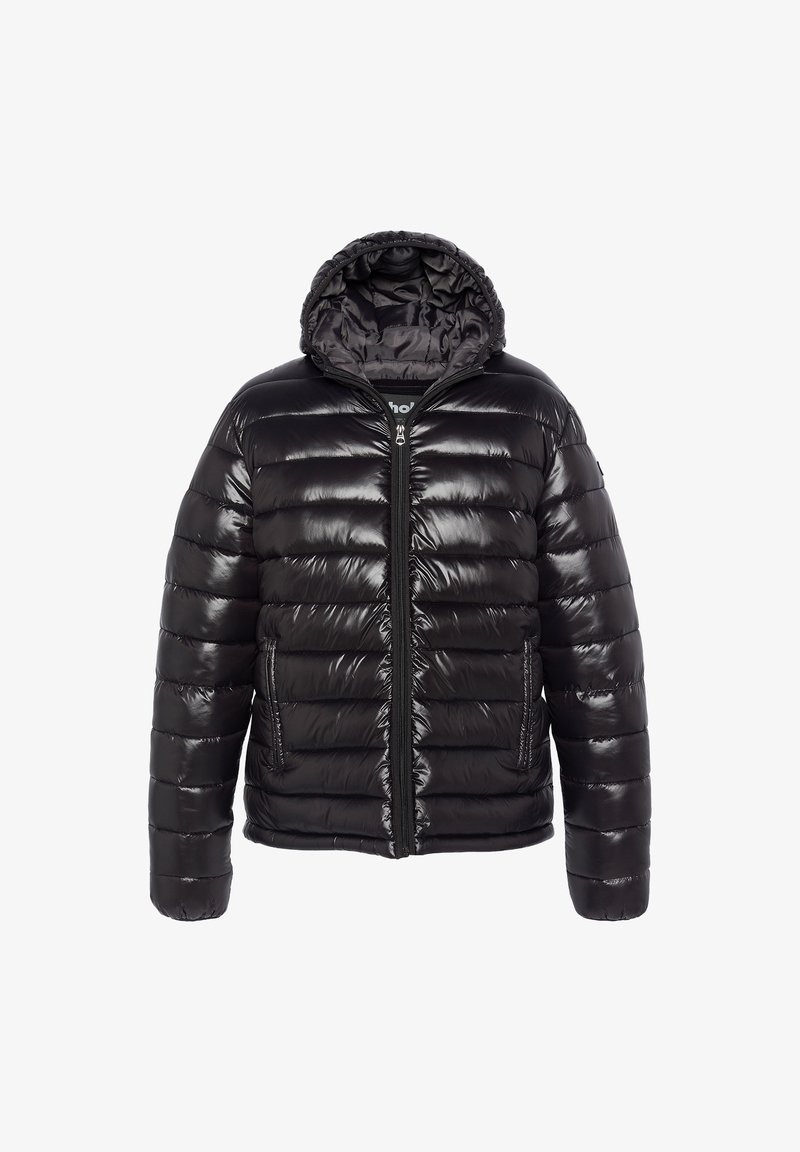 Chaqueta de plumas negra con un acabado brillante, capucha, cremallera frontal y puños acanalados. Presenta secciones acolchadas verticales y bolsillos laterales.