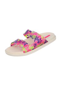 Sandalias de slide con patrón floral y dos correas anchas y transparentes en rosa, morado y verde. Suela blanca con acolchado para mayor comodidad.