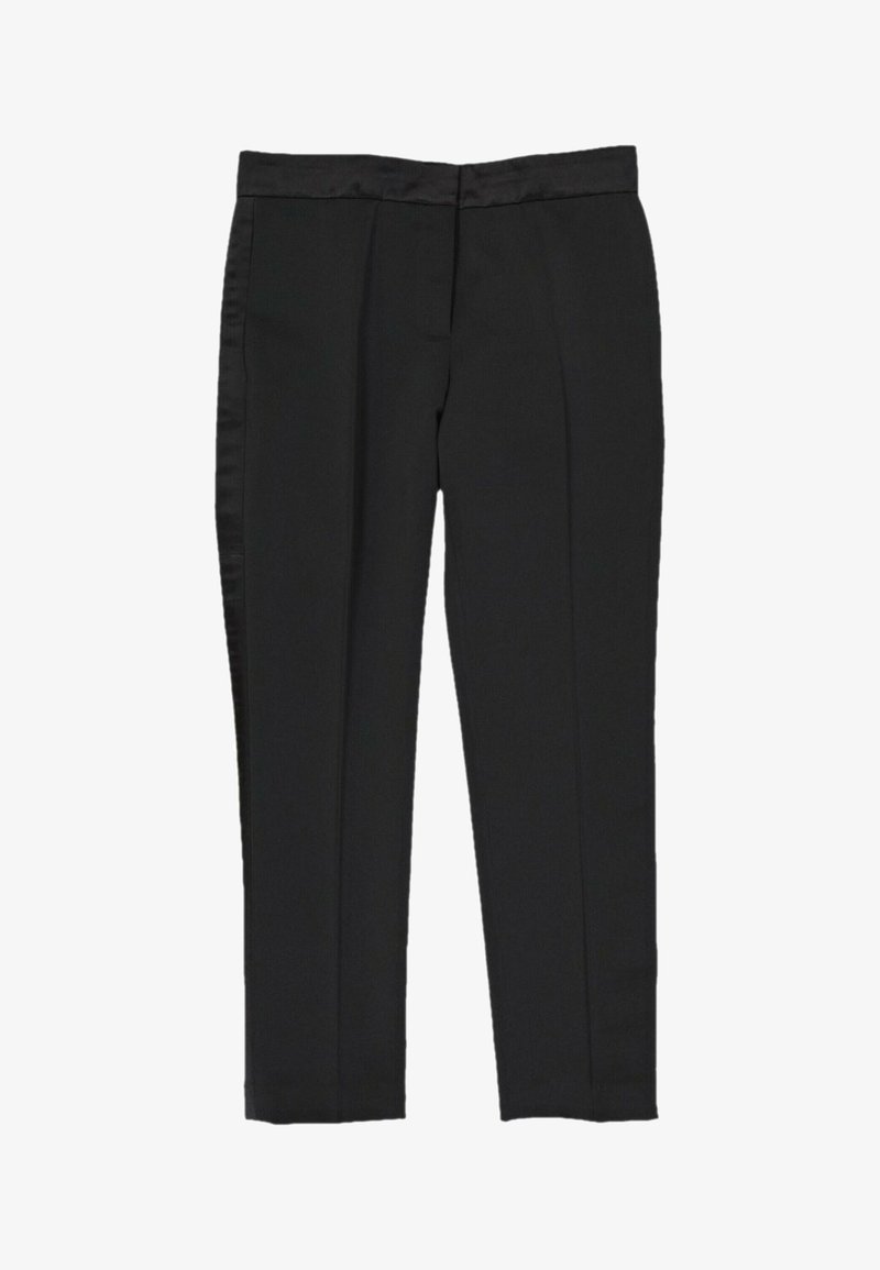 Pantalon de costume noir sur mesure avec coupe droite et bande latérale, présenté à plat sur fond blanc.
