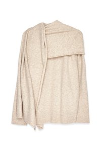 Beige wollen mix sjaal met een zachte textuur, voorzien van een brede sjawlboord en een geribbelde zoom. Het ontwerp biedt veelzijdige draperings- en layeringmogelijkheden.