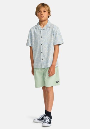 Blond jongetje staand, gekleed in een lichtblauw overhemd met korte mouwen en patroon, mintgroene korte broek, zwarte sokken en zwarte sneakers.