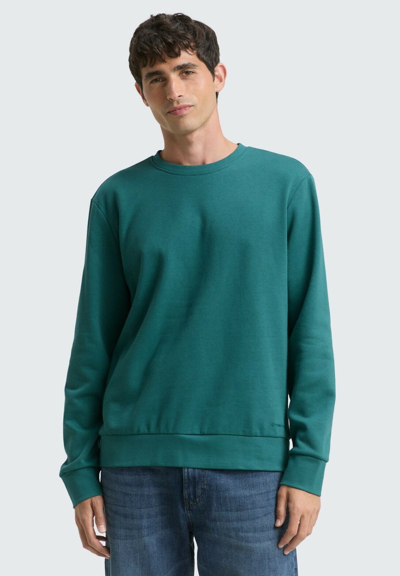 Felpa turchese con scollatura a girocollo, maniche lunghe e polsini a costine. Tessuto uniforme con una vestibilità comoda. Indossata sopra dei jeans blu.