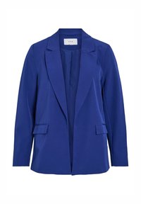 Blazer bleu pour femme avec revers crantés, manches longues, devant ouvert et poches à rabat, présenté sur un fond blanc.