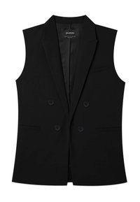 Black sleeveless blazer with a tailored design, featuring a double-breasted front, two buttons, and a smooth inner lining.