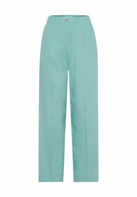 Lichtgroene linnen wijde broek met hoge taille, voorzakken en een enkele knoopsluiting op de tailleband.