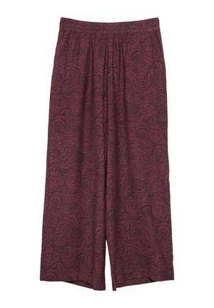 Lockere bordeauxrote Hose mit elastischem Bund, mit einem schwarzen abstrakten Wirbelmuster im gesamten Stoff.