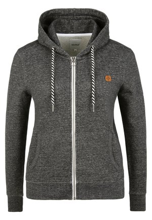 Gray zip-up hoodie with a textured fabric, adjustable drawstrings in black and white, side pockets, and a small logo patch on the chest.