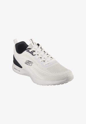 White athletic shoe with mesh upper, textured surface, ergonomic design, and black accents; features lace-up closure and cushioned sole.