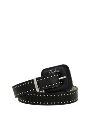 Cintura in pelle nera con borchie argento e fibbia quadrata nera incisa con il nome del marchio Anekke.