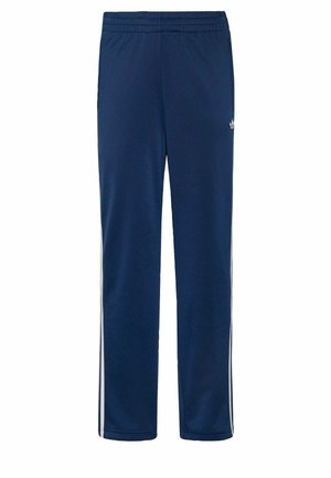 Sportieve marineblauwe broek met elastische tailleband, witte strepen aan de zijkant en klein wit Adidas-logo op de bovenkant van het been.