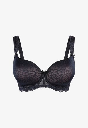 Sort blondeløf med blomsterdesign, glatte kopper, justerbare stropper og en dekorativ sløjfe i midten. Tekstureret blondesløjfe.