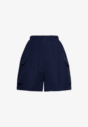 Marineblå teksturerede cargoshorts med elastisk talje og klaplommer på hver side, designet til afslappet brug.