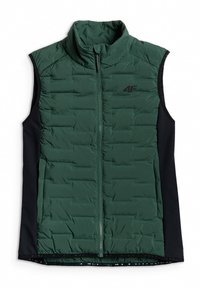 Veste matelassée sans manches verte avec panneaux latéraux noirs, fermeture éclair à l'avant et col montant, avec un petit logo sur la poitrine gauche.