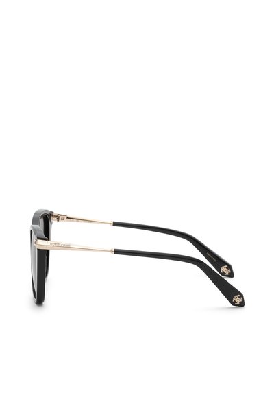Lunettes de soleil rectangulaires noires avec branches en métal doré, gravées « roberto cavalli » et détails du logo dorés sur les embouts noirs des branches.