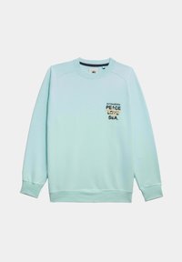 Sudadera azul claro con puños y dobladillo acanalados. Presenta un gráfico en el pecho frontal con el texto: "ALTONADOCK PAZ AMOR MAR." Tejido ligeramente texturizado.