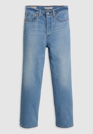 Light blue denim jeans with a straight leg design, high-rise waist, five pockets, and copper rivet detailing. Soft, textured fabric.