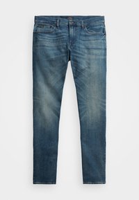 Tmavě modré denimové džíny se rovnou nohavicemi, s vybledlými vzory, pěti kapsami a kovovým zapínáním.