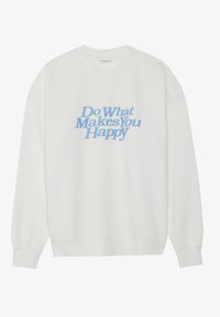 Felpa bianca a girocollo con un design grafico blu che riporta la scritta "Fai Ciò Che Ti Rende Felice". Tessuto morbido, polsini e orlo a costine.