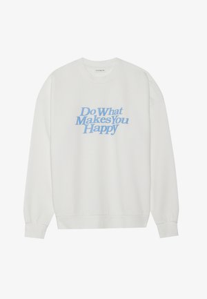 Hvid crewneck sweatshirt med et blåt grafisk tekstdesign, der står "Gør det, der gør dig glad." Blødt stof, ribbede manchetter og kant.