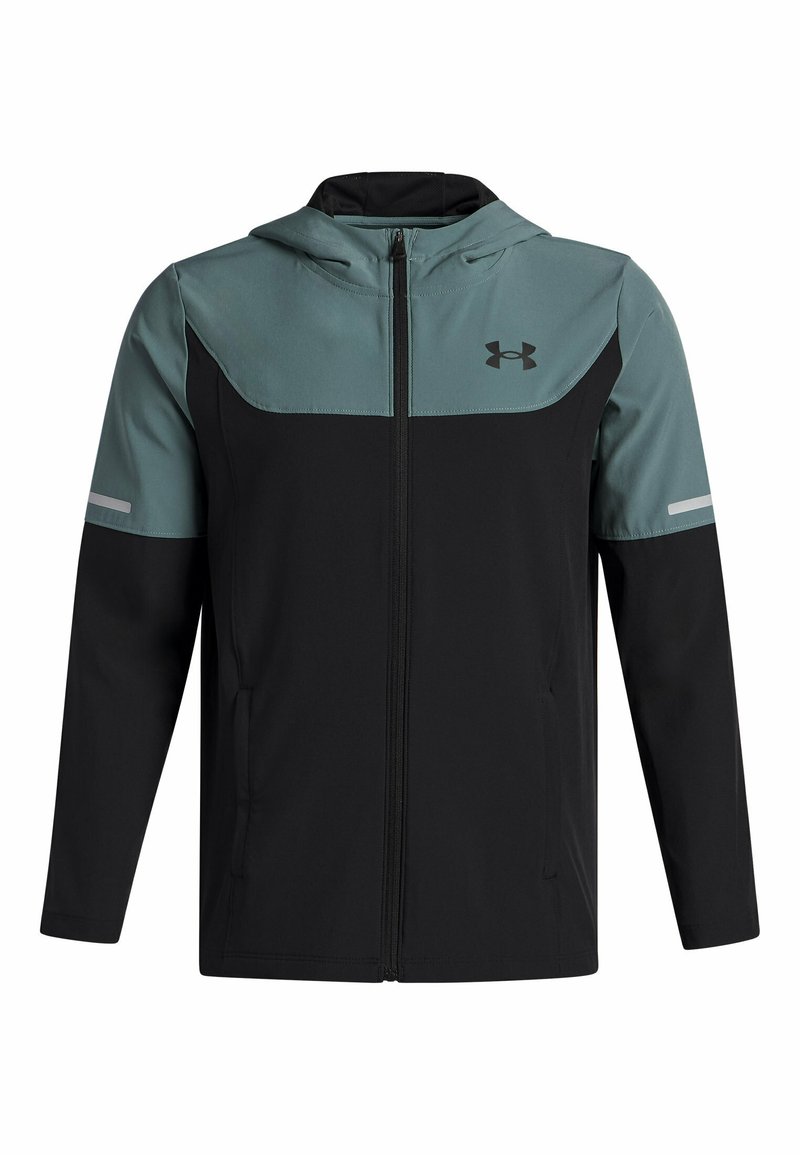 Men's hooded zip-up jacket with black lower body and sleeves, grey upper chest and shoulders, reflective stripes on sleeves, and Under Armour logo.