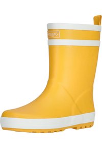 Botte de pluie en caoutchouc jaune avec des bandes blanches, bout arrondi, semelle texturée pour une bonne adhérence et une languette à l'arrière pour un enfilage facile.
