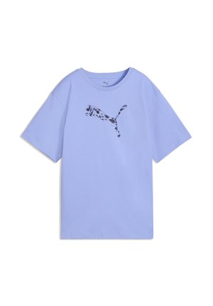 Light purple short-sleeve T-shirt with a round neck and a Puma logo featuring a black and white spotted pattern centered on the chest.