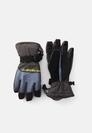 Gants noirs et gris avec une touche de bleu, sangles de poignet réglables et texture matelassée. Logo "Quiksilver" bien en évidence.